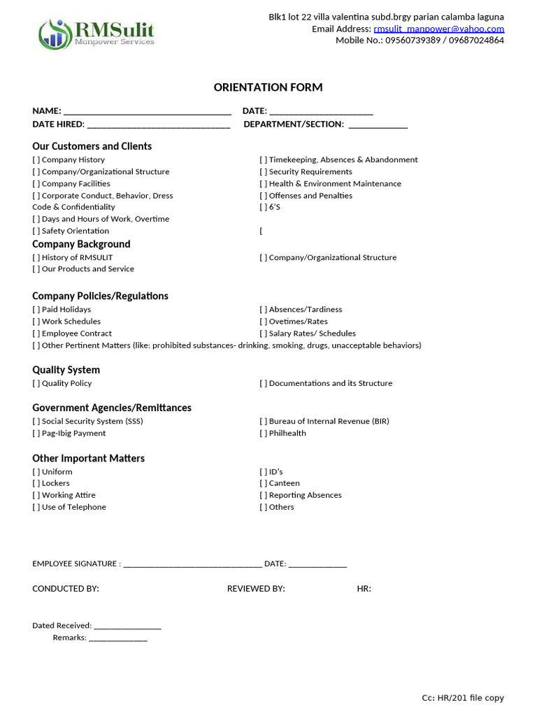 Employee Orientation Form | PDF | Labor | Business
