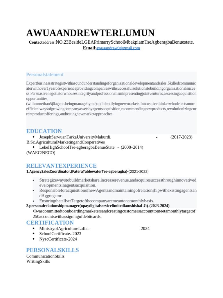 Awua Andrew CV | PDF