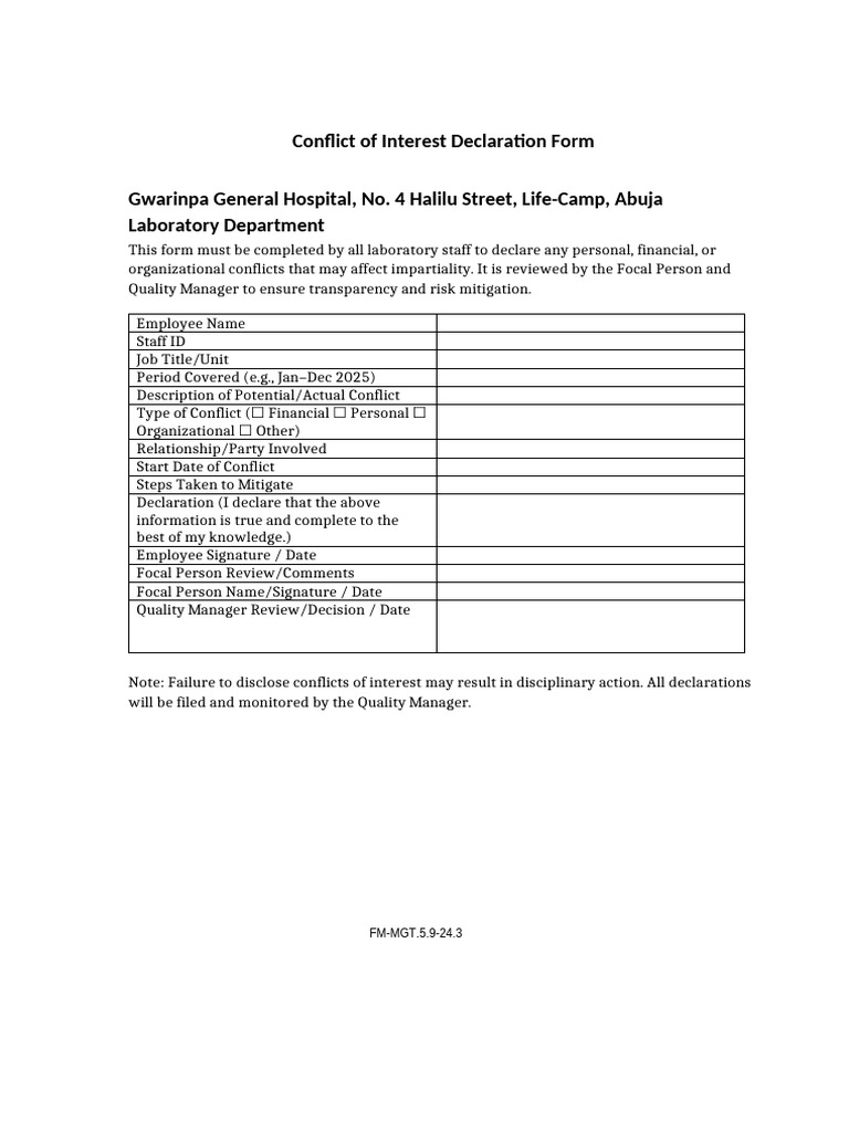 Conflict of Interest Declaration Form | PDF