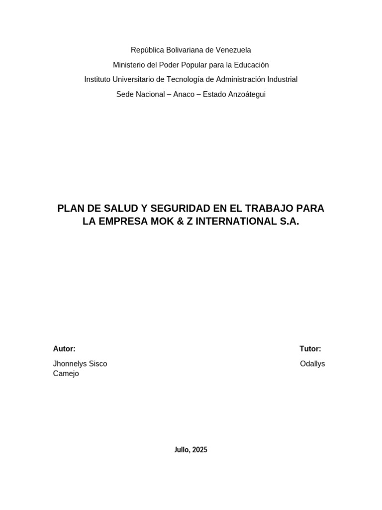 Plan de Salud y Seguridad Laboral en MOK & Z | PDF | Seguridad y salud ...
