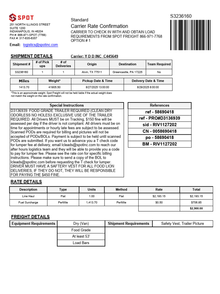 Spot Freight RC Load # s3236160 Gustavo | PDF | Cargo | Freight Transport