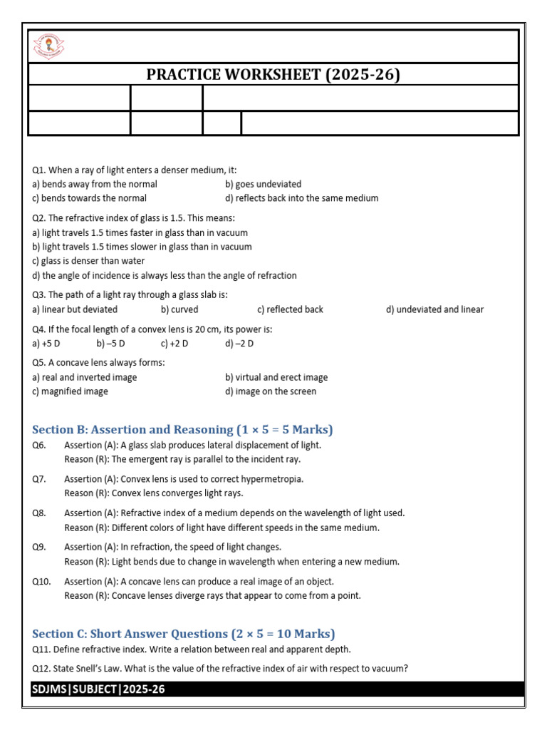 Physics Refraction Worksheet Class X | PDF | Refraction | Refractive Index