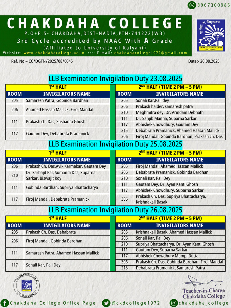 LLB Exam Invigilation Schedule 2025 | PDF