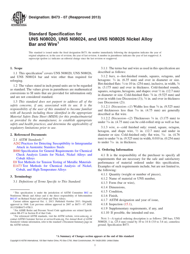 ASTM B473 Standard for Alloy 20 Bars/Wire | PDF | Engineering Tolerance ...