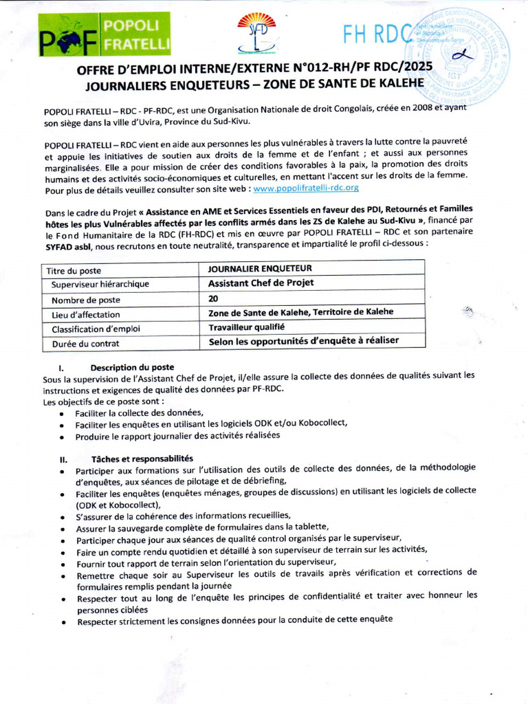PF-RDC - Offre - Enquêteurs KALEHE - Projet FH-RDC | PDF