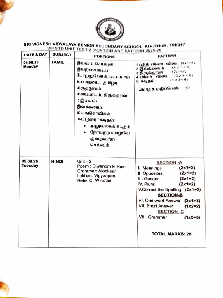 VII STD Unit Test 2 Syllabus 2025 | PDF | Linguistic Morphology | Grammar