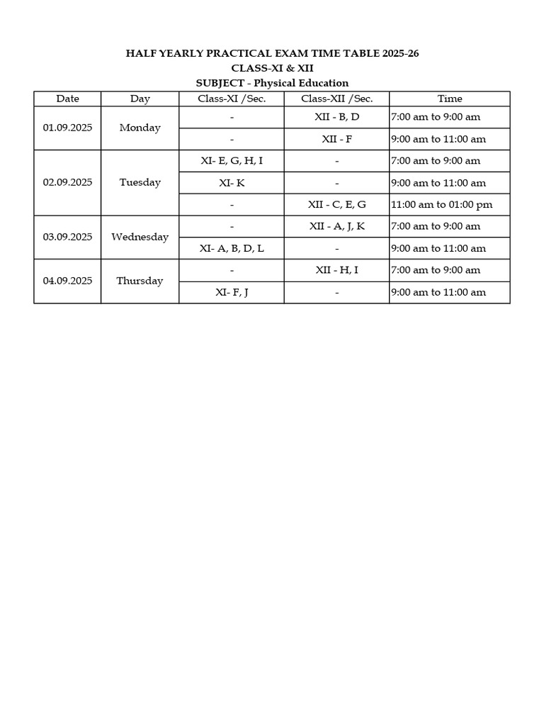 Half Yearly Practical Time Table (PE) | PDF