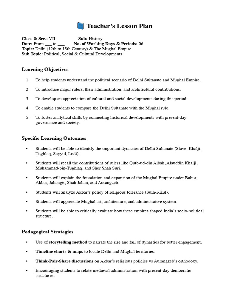 Class 7 Lesson Plan: Mughal Empire Insights | PDF | Mughal Empire