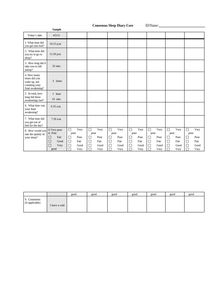 Consensus Sleep Diary Template | PDF