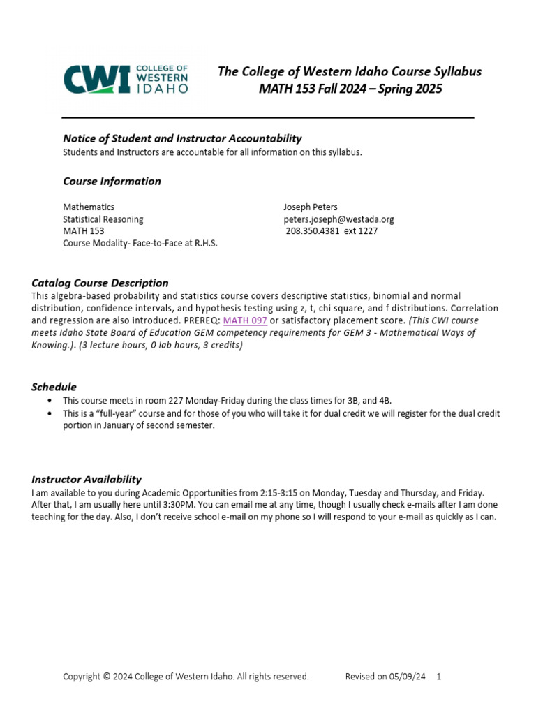 MATH 153 Course Syllabus: Statistical Reasoning | PDF | Academic ...