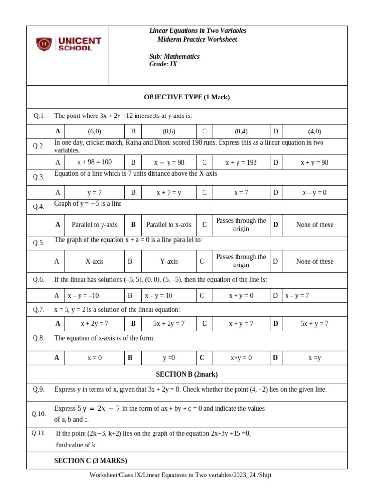 Linear Equations in Two Variables Worksheet | PDF | Equations ...