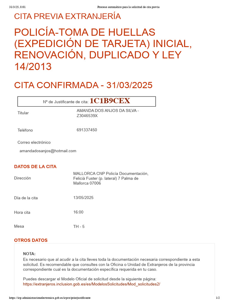 Justificante de Cita Toma de Huellas - Removed | PDF