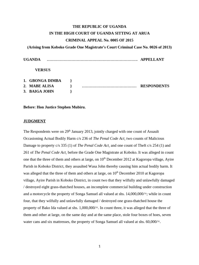 Uganda High Court Criminal Appeal 2015 | PDF | Acquittal | Burden Of ...