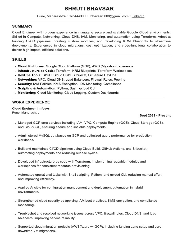 Cloud Engineer Profile: Shruti Bhavsar | PDF | Cloud Computing | System ...