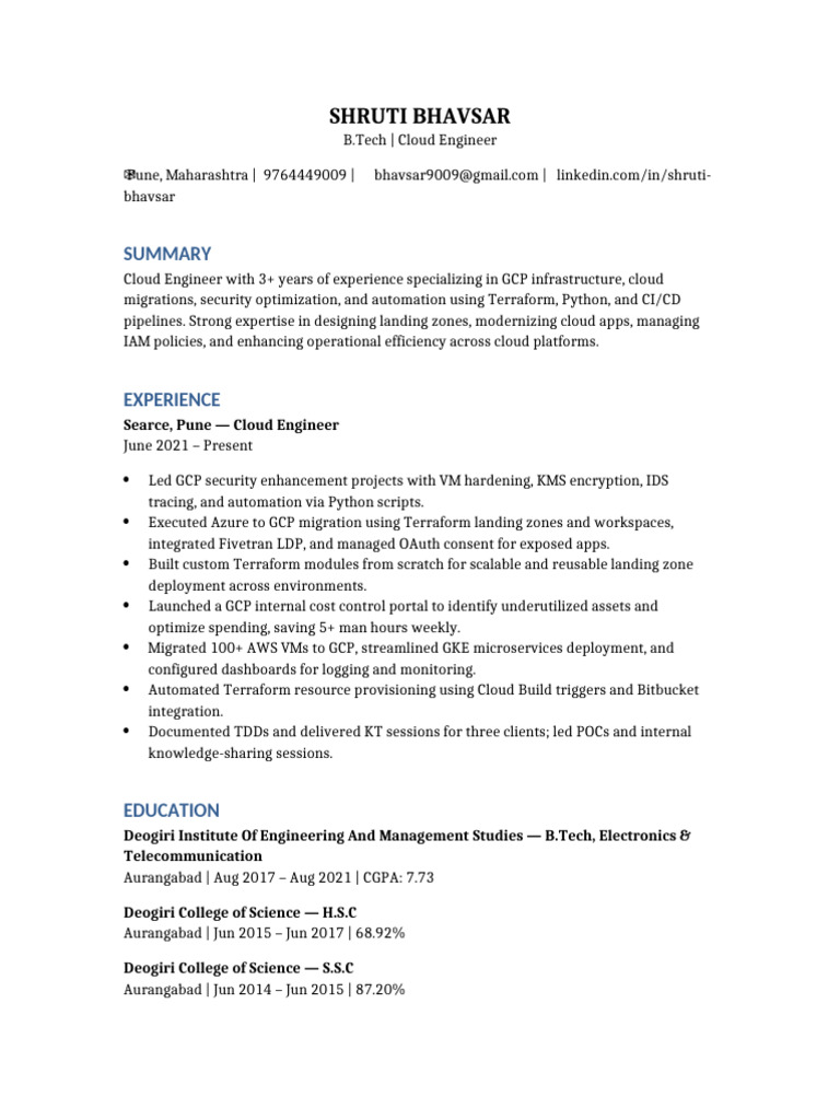 Shruti Bhavsar: Cloud Engineer Profile | PDF | Cloud Computing | Amazon ...