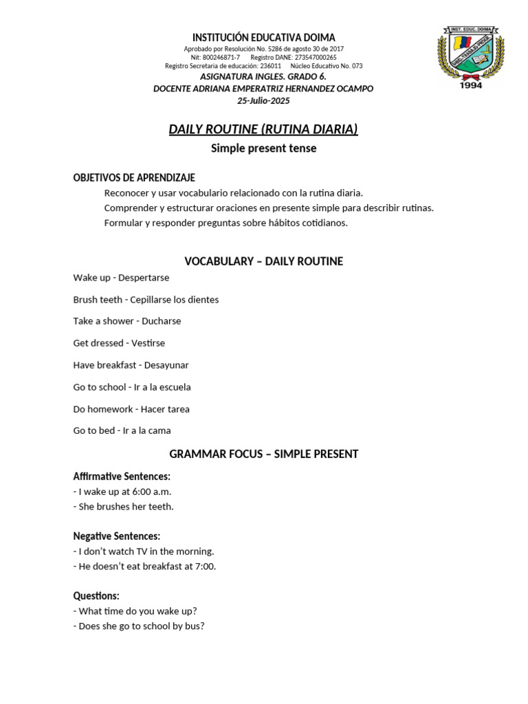GUIA INGLES GRADO 6. 25-Julio | PDF