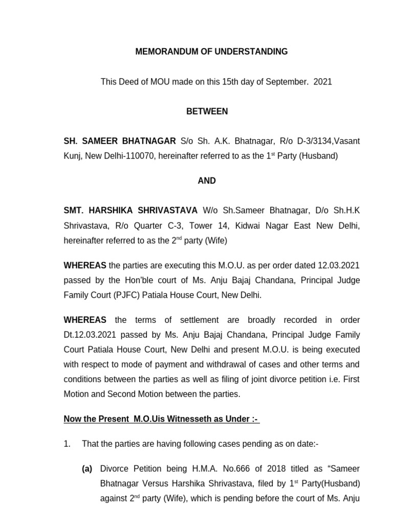 MOU Between Sameer Bhatnagar and Harshika | PDF | Justice | Crime ...