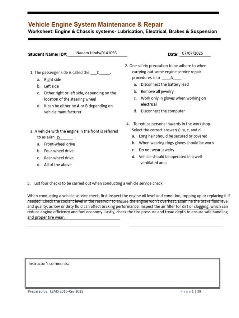 Vehicle Engine Maintenance Worksheet | PDF | Brake | Electrical Network