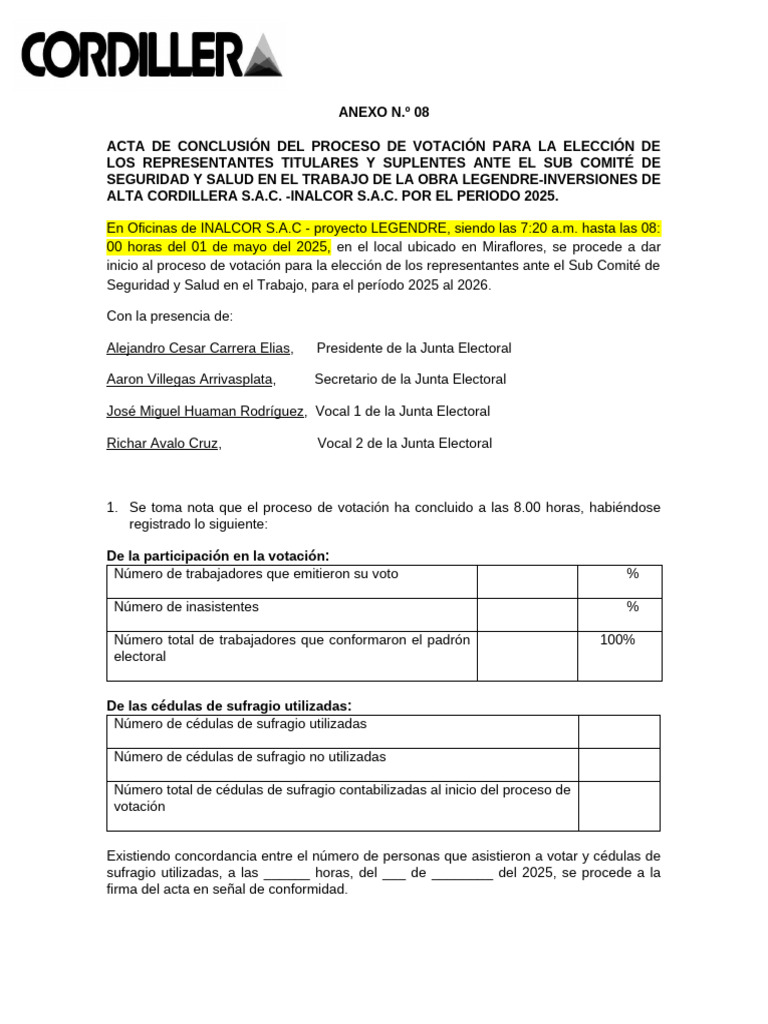 Anexo 08 - Acta de Conclusión de Proceso de Votación | PDF