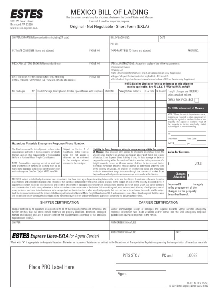 Estes Mexico Bill of Lading Form | PDF | Cargo | Supply Chain Management