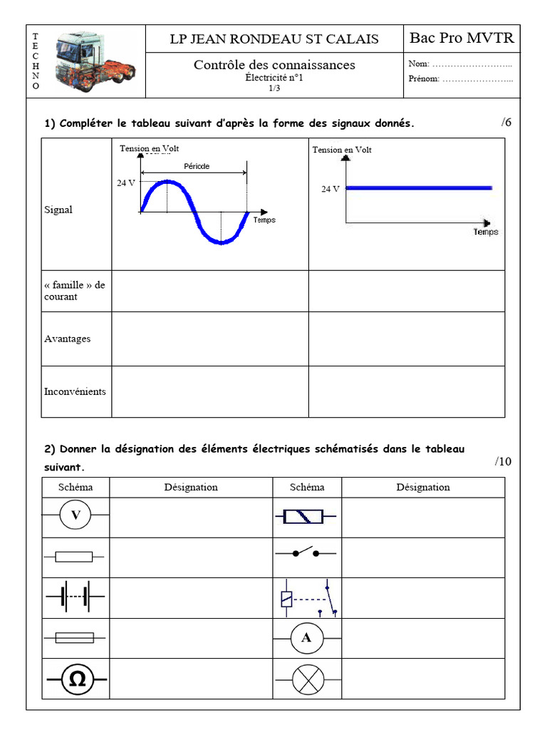 Contrôle Électricité Bac Pro MVTR | PDF | Tension électrique | Électricité