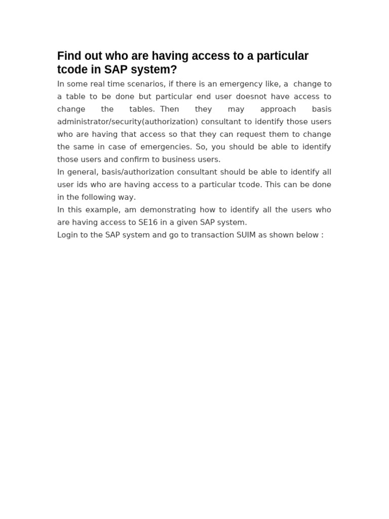 Check User Access for SAP Tcode SE16 | PDF