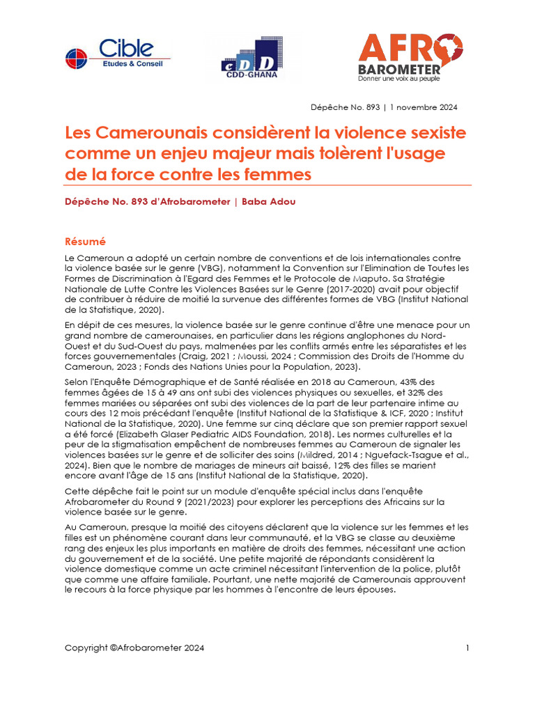 Violence sexiste au Cameroun : perceptions et enjeux | PDF | La ...
