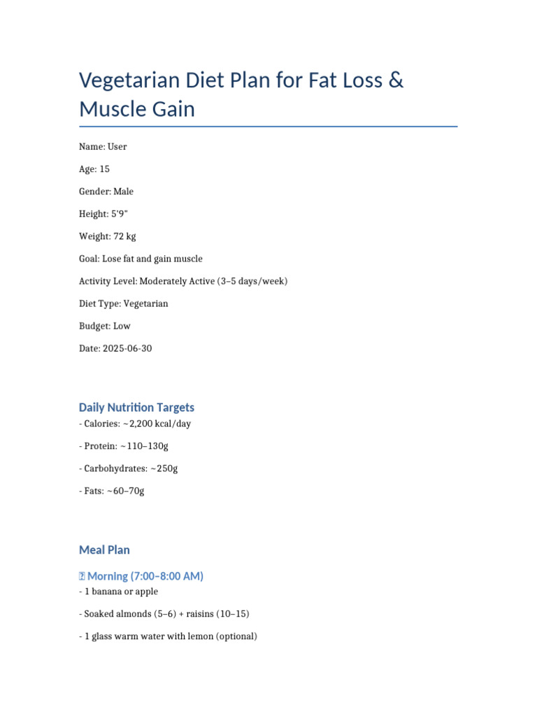 Vegetarian Diet Plan Fat Loss Muscle Gain | PDF