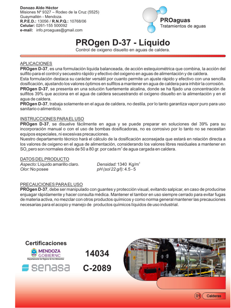 Control de Oxígeno en Calderas con PROgen D-37 | PDF | Agua | Oxígeno