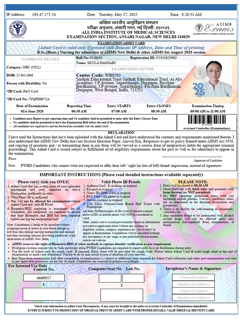 AIIMS B.Sc. Nursing Admit Card 2025 | PDF | Identity Document ...