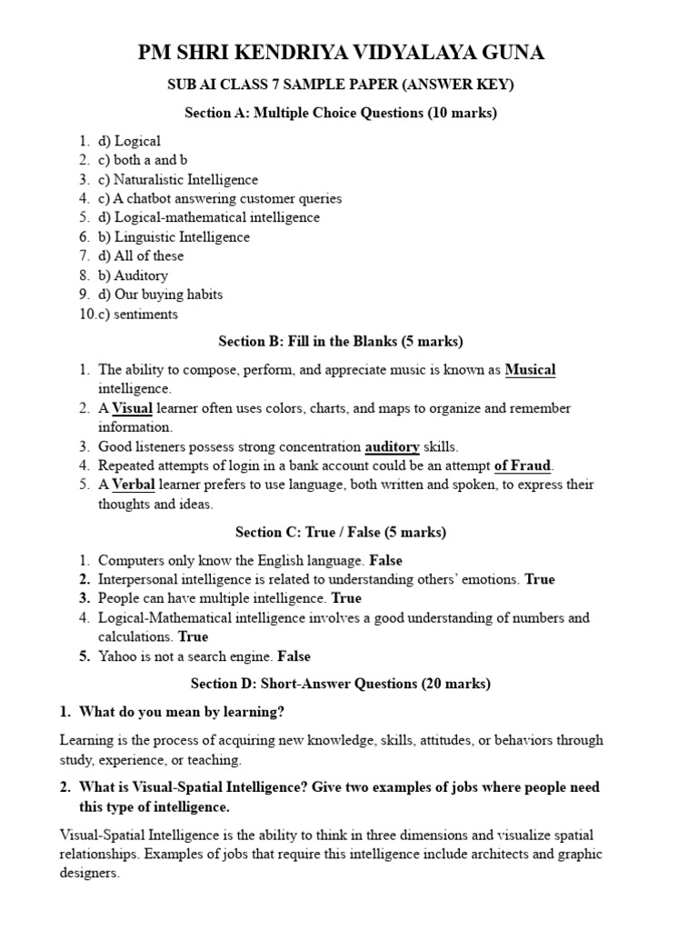 Class 7 AI Sample Paper & Answers | PDF | Intelligence | Human ...