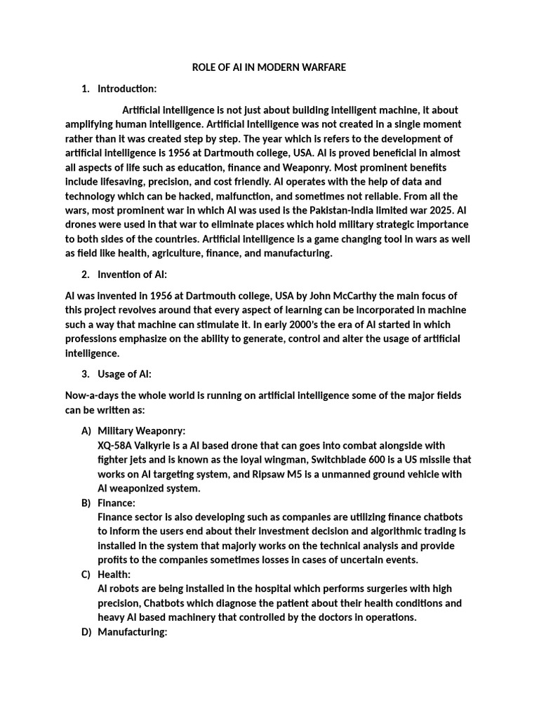 Role of Ai in Modern Warfare | PDF | Artificial Intelligence ...