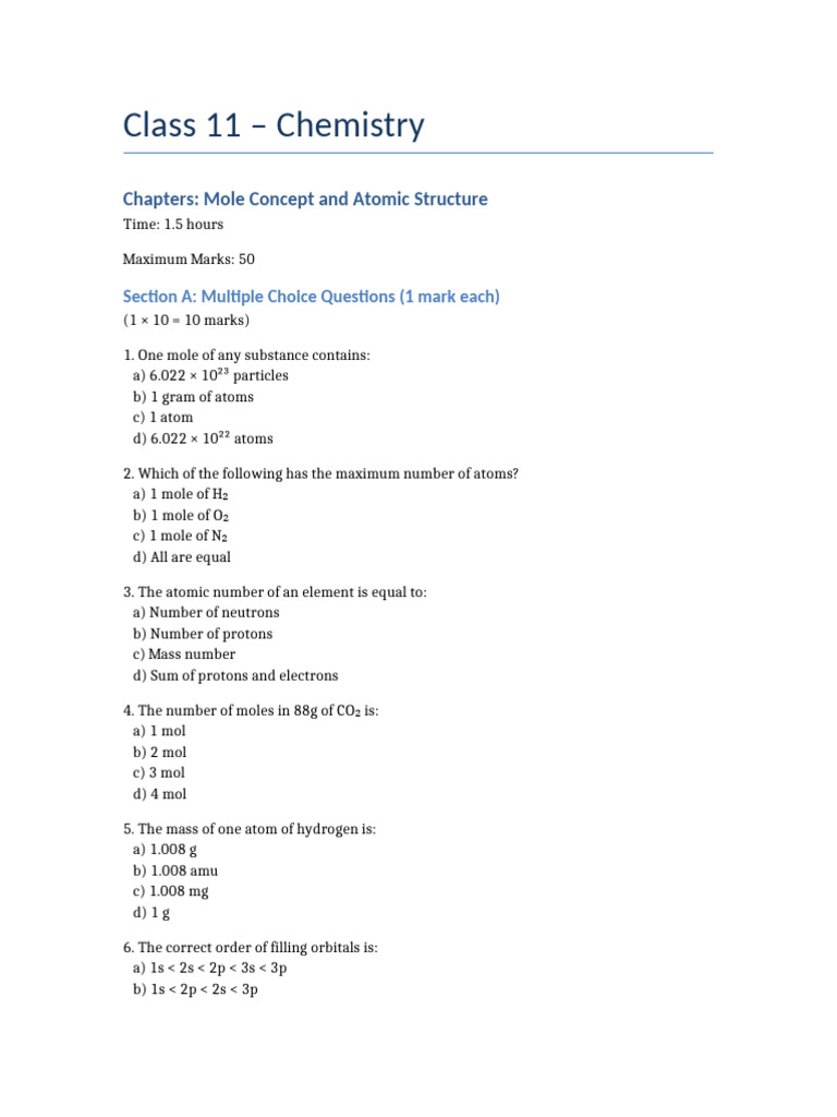 Class 11 Chemistry Mole Concept Atomic Structure | PDF