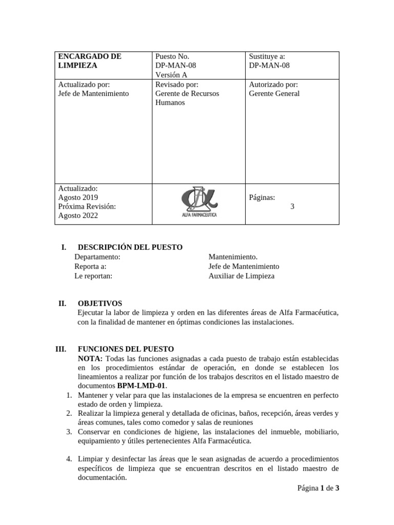 Descripción del Puesto: Encargado de Limpieza | PDF
