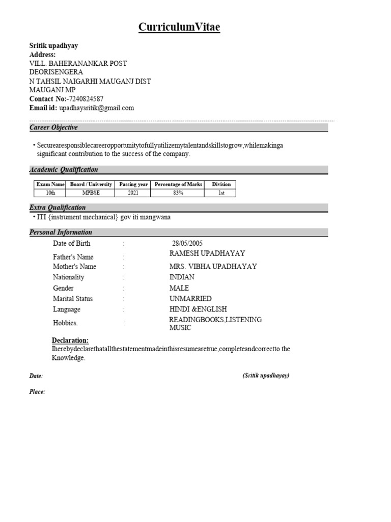 Sritik Upadhyay Resume | PDF