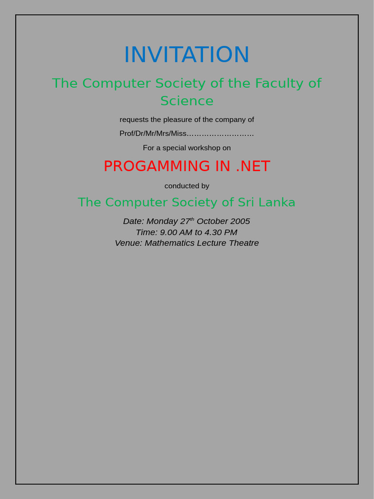 .NET Programming Workshop Invitation | PDF