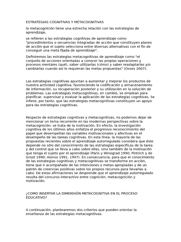 Estrategias Cognitivas y Metacognitivas | PDF | Metacognición | Aprendizaje