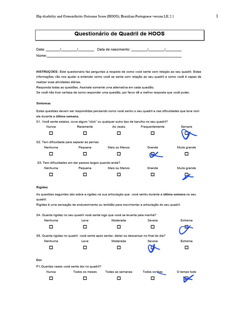 Questionário HOOS para Avaliação do Quadril | PDF