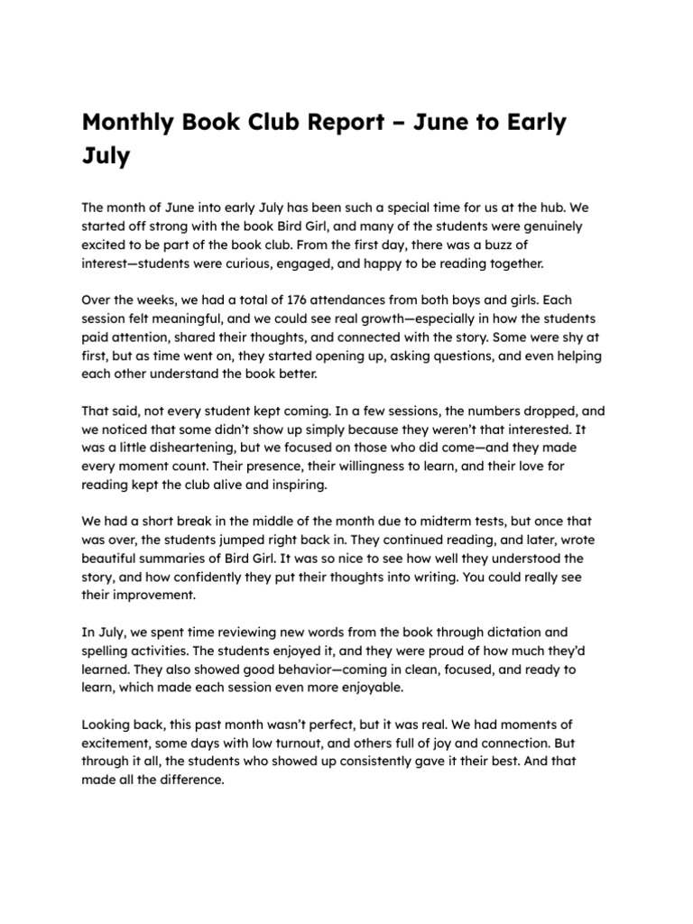 June-July Book Club Highlights Report | PDF