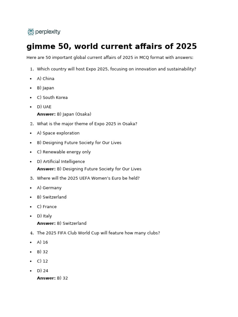 Global Current Affairs 2025 Overview | PDF