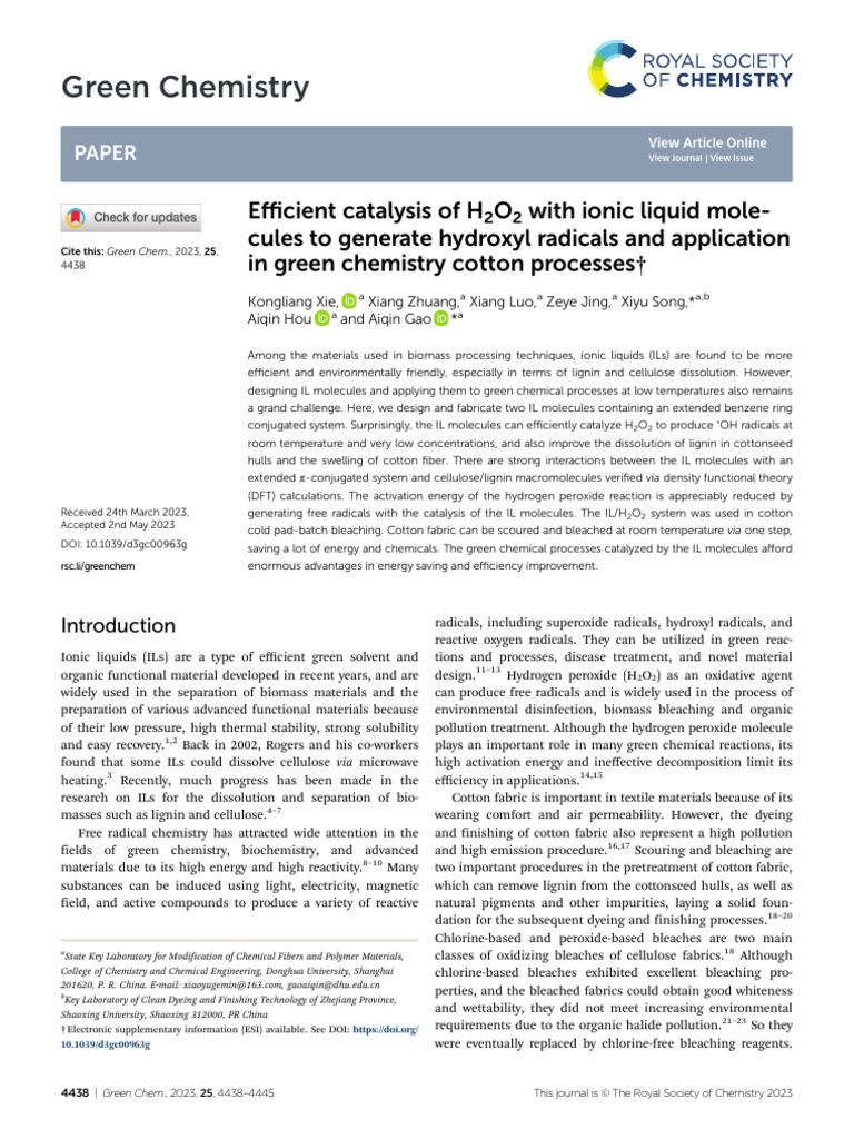 Efficient Catalysis of H2O2 With Ionic Liquid - Green Chemistry | PDF ...