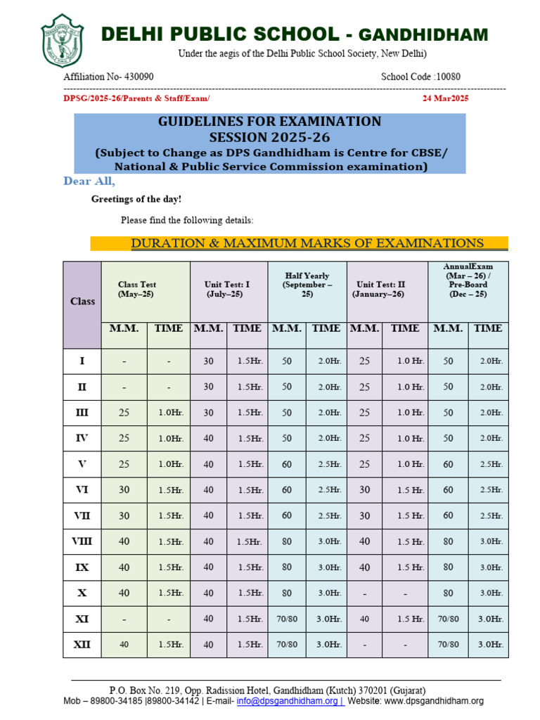 DPS Gandhidham Examination Guidelines 2025-26 | PDF