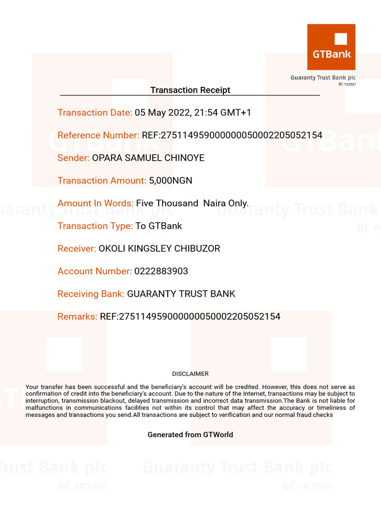 GTBank Transaction Receipt Details | PDF
