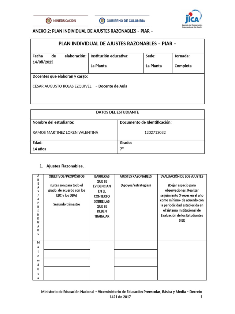 Plan de Ajustes Razonables para Estudiante | PDF | Enseñando ...