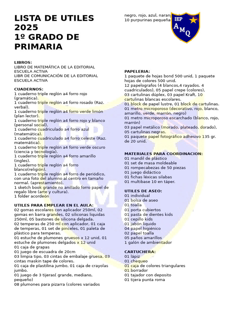 Lista de Útiles 1º Grado 2025 | PDF | Color | Arco iris
