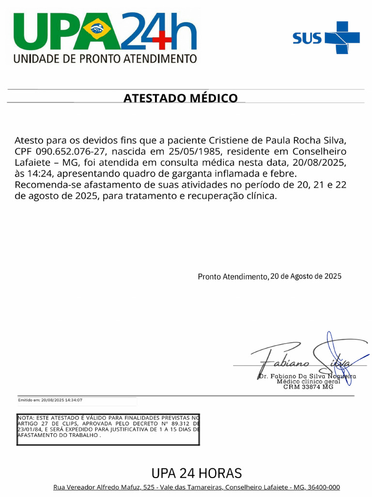 Atestado 3 Dias UPAMG | PDF