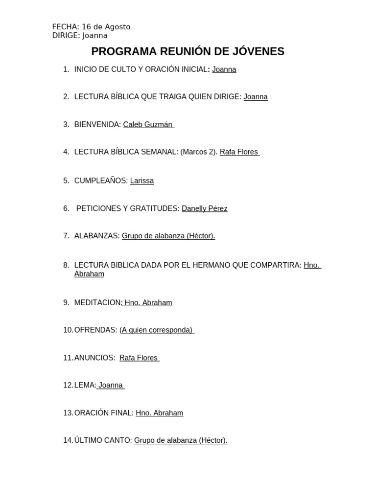 Programa de Reunión de Jóvenes - 16 Ago | PDF