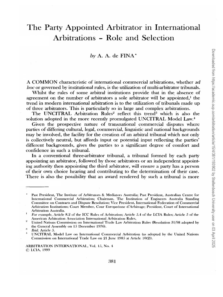 Role of Party Appointed Arbitrators | PDF | Arbitration | Arbitral Tribunal