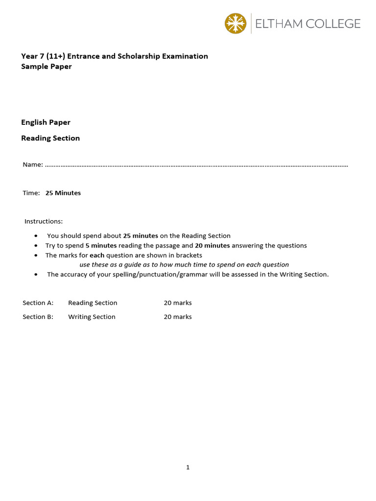 Year 7 English Exam Sample Paper | PDF