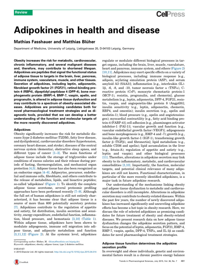 Adipokines: Role in Obesity and Disease | PDF | Leptin | Adipose Tissue